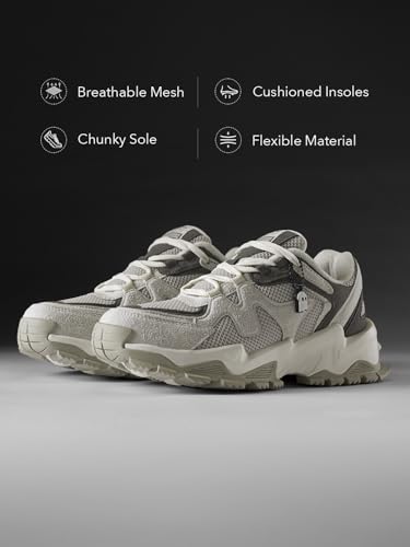 Image of The Souled Store Fumes NX: Sage Men and Boys Low Top Sneakers Green and Off White Streetwear Chunky Trainer Breathable Mesh Cushioned Midsole Durable Sole Lace Up Lightweight Padded Collar