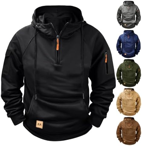 Hoodies for Men Quarter Zip Tactical Hoodie Long Sleeve Hooded Sweatshirt Fleece Pullover Athletic Hoodies with Pockets