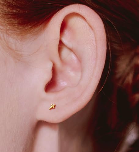 Enticera 14K Gold Stud Earrings For Women 20G Leaf Cross Bar Handmade Flat Back Earrings Hypoallergenic Nap Screw Back Cartilage Earrings Gold Cross thumb #1