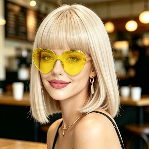 PLULON Blonde Bob Wig with Bangs, Short Straight Bob Wig with Heart Sunglasses 12 Inch Shoulder Length Heat Resistant Synthetic Hair Cap for Women Natural Look Daily Use Cosplay Costume Party