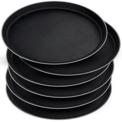 6 Pieces Restaurant Serving Tray, Non Slip Surface Round Tray Plastic Food Meals Server with Raised Edges for Home, Kitchen, Restaurant, Cafeteria, Bar, Hotel (Black, 6 Pcs 11 Inch)