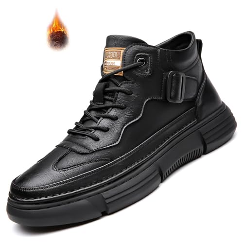 Image of Mens Casual Driving Lace Up Black Leather Chukka Hiking Boots Hand Stitching Platform Non-Slip Shock Absorption Autumn&Winter Warm Ankle Work Shoe