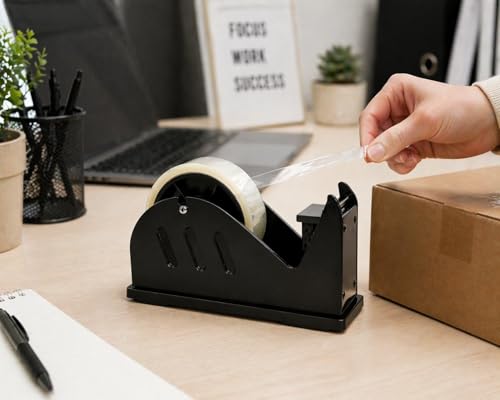 Image of VELLONN Heavy Duty Tape Dispenser 2 Inch (50mm) - Metal Packing Tape Cutter with Anti-Slip Base for Office, Warehouse, Packaging & Desk Use (Black)