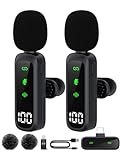 Wireless Lavalier Microphone, 2.4Ghz Clip-On Mic with Noise Reduction for iPhone Android Camera, 1 Transmitter & 2 Receivers, 50m Range, 5Hrs Battery for Recording, Vlogging, Live Stream