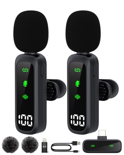 Drahtloses Lavalier-Mikrofon, 2,4 GHz Clip-Mikrofon mit Rauschunterdrückung für iPhone Android Kamera, 1 Sender & 2 Empfänger, 50m Reichweite, 5h Laufzeit für Aufnahmen,...
