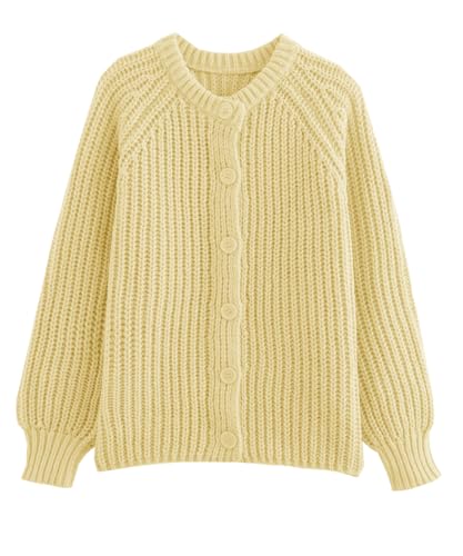Image of Women's Casual Puff Long Sleeve Crew Neck Cardigan Button Down Open Front Knit Loose Sweater Outwear