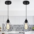 COTTAGE LIFE Black Pendant Light Fixtures 2 Pack Industrial Pendant Light Fixture Metal Cage Pendant Lights Farmhouse Pendant Lighting for Kitchen Island Dining Room Pendant Lighting Fixtures