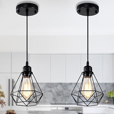 COTTAGE LIFE Black Pendant Light Fixtures 2 Pack Industrial Pendant Light Fixture Metal Cage Pendant Lights Farmhouse Pendant Lighting for Kitchen Island Dining Room Pendant Lighting Fixtures