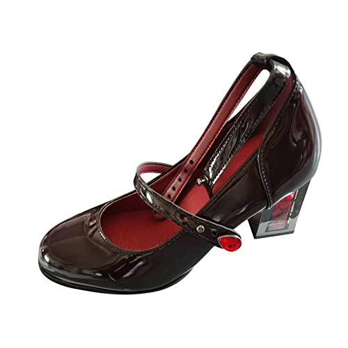 Womens Goth Punk Chunky Heels Pumps Patent Leather Mary Jane Shoes with Ankle Strap Rose High Heel Dress Party Shoes