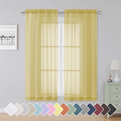 Image of Simplebrand Yellow Sheer Curtains 63 Inch Length 2 Panels, Rod Pocket Solid Color Window Sheer Curtain Panels, Elegant Curtains & Drapes for Living Room, Bedroom (42 inch W x 63 inch L)