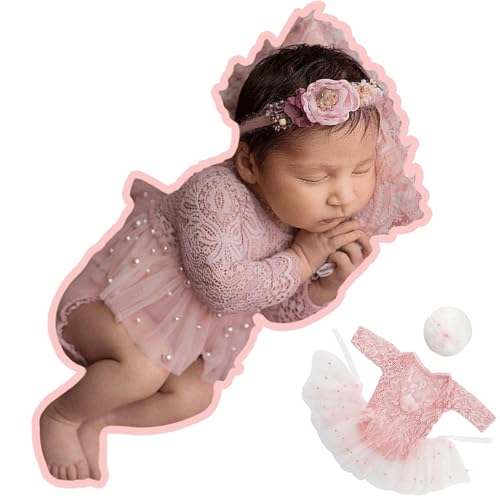 Image of M&G House White/Pink Lace Newborn Photography Outfits Girl Newborn Photography Props Newborn Girl Pearl Lace Christmas Gift