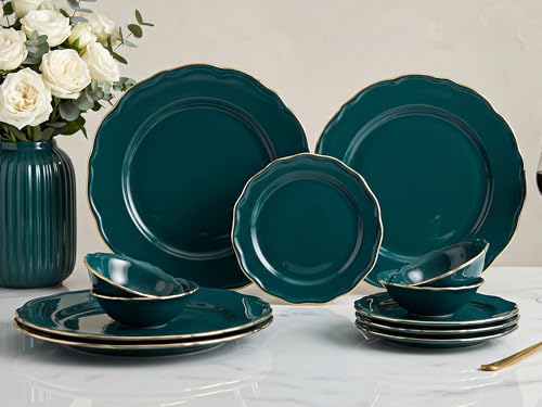 Image of Bodhi House 12-Piece Gold Rim Porcelain Dinner Set | Plates & Bowls Set | Lightweight, Dishwasher Safe | Ideal for Home Dining, Parties & Gifting Tableware Set | Teal