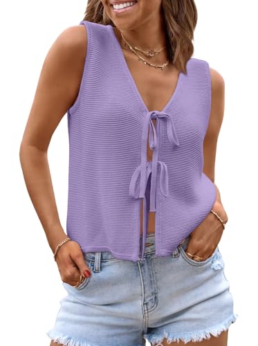 Image of LILLUSORY Womens Tie Front Tops Vacation Sweater Vest | Bohemian Style, Beach Resort Wear, Concert Western Outfits, Crochet Tops, Vacation Outfits, Cute Y2k Sleeveless 2026