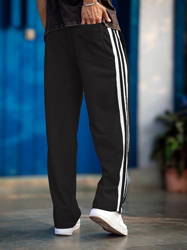 Image of Men's Track Pants with White Side Stripes | 4-Way Lycra Twill Polyester Straight Relaxed Fit Joggers | Mid-Rise Flexi Waist Lounge Bottoms