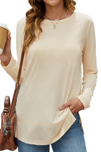 Hount Women's Long Sleeve Tunic Tops 2024 Crew Neck Casual Tops Side Split Shirts