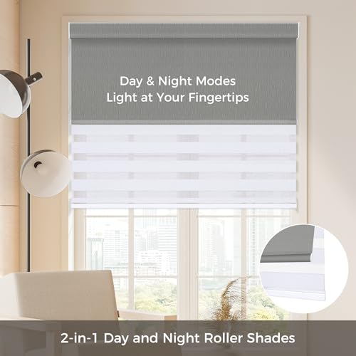 Allesin Zen Cordless Dual Roller Shades with Square Cassette, Double Layer Window Shades, Blackout and Light Filtering, Day and Night Blinds for Home Office Door, Gray and White, 24" W X 46" H