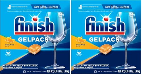 Image of Finish Gelpacs Dishwasher Detergent Pods, Quick Dissolving Cleaning Power, Fights Grease & Dried-On Food, Easy-to-Use Pre-Measured Dishwasher Soap, Orange Scent 84 Count (Pack of 2)