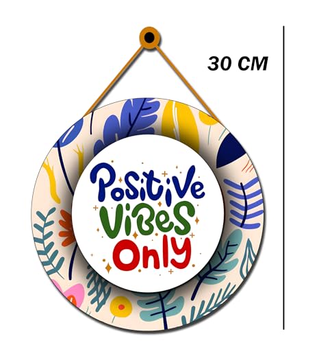 Image of GENXTRA Positive Vibes Only Round Hanging Wall Decor - Colorful Motivational Wooden Sign for Home & Office