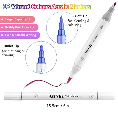Image of KLIFFOO 12 Colors Dual Tip Acrylic Paint Markers Set with Carrying Case For Painting Sketching Calligraphy Drawing, Permanent Colouring Marker Pens For Rock, Canvas, Wood, Glass, Ceramic, Fabric (12)