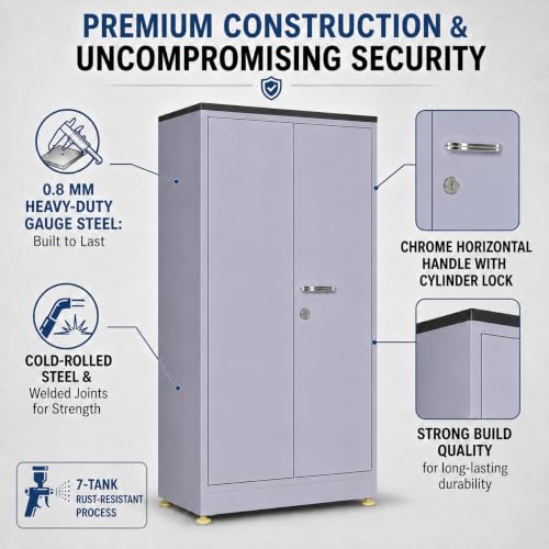 Amazon Brand - Solimo 2-Door Steel Almirah | Small Metal Cabinet with Shelves | Ergonomic Handles | Powder-Coated Grey Finish | Sleek, Durable Storage Cupboard for Home & Office - Image 5