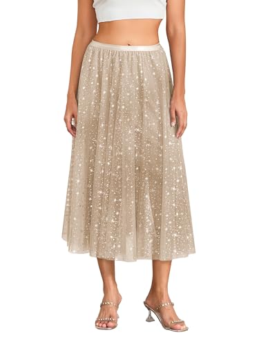 Women Starry Sky Mesh Tutu Skirt Sequin Glitter Layered Tulle A Line Party Skirts Going Out Midi Skirt Clubwear