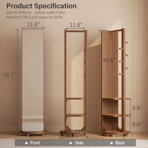 Image of WoodsWhisper Full Length Mirror Coat Rack Solid Wood Floor Mirror 66 inchx12 inch Full Length Mirror with Stand Long Mirrors for Bedroom,Living Room (Walnut-Mobile, 66 inch Lx12 W)