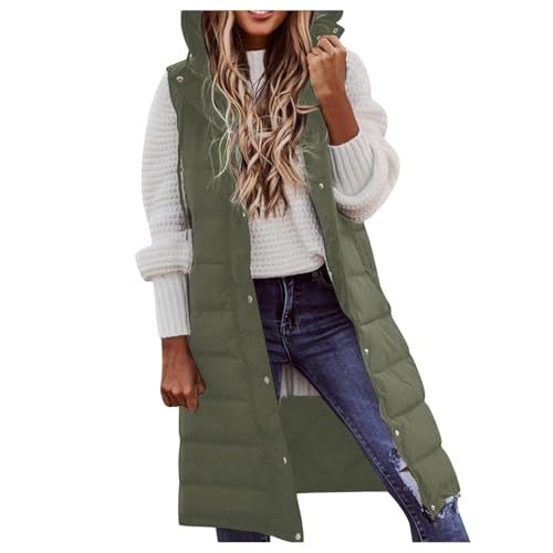 Abrigo largo de invierno para mujer con chaleco acolchado cálido sin mangas Chaqueta de plumas Abrigo cómodo para exteriores con bolsillos, verde, L