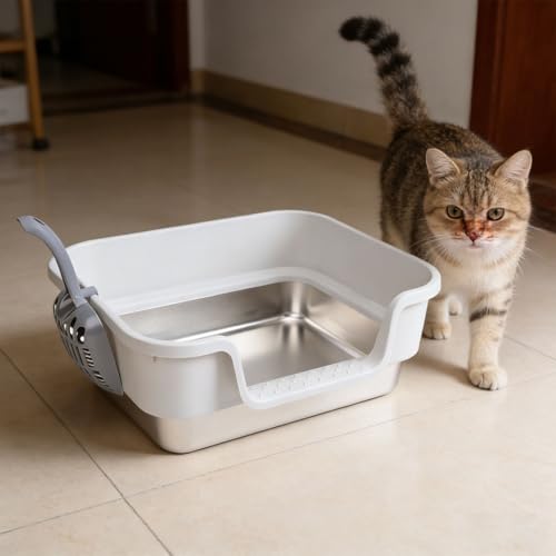 Arenero para gato de acero inoxidable con diseño de entrada baja y barrera alta miniatura 3