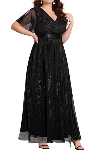 Plus Size Formal Dress - Chiffon V Neck Bridesmaid Wedding Guest Party Short Sleeve A-Line Floor Length Dresses2