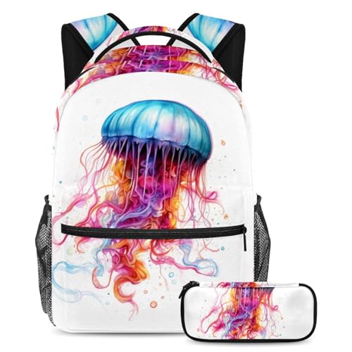 Cartable méduse aquarelle grand format avec trousse scolaire pour fille et garçon