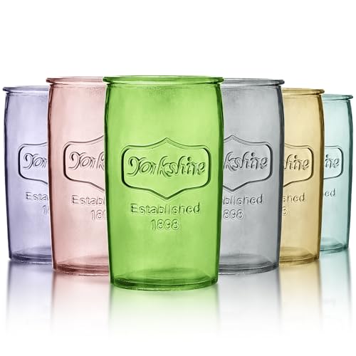 kitchentoolz Colored Drinking Glasses Set of 6 - Yorkshire Tumbler 16 oz Glassware Cups for Ice Cold Drinks, Beverages, Iced Tea - Mason Jar Drink Glasses - Vintage Multi Color Set