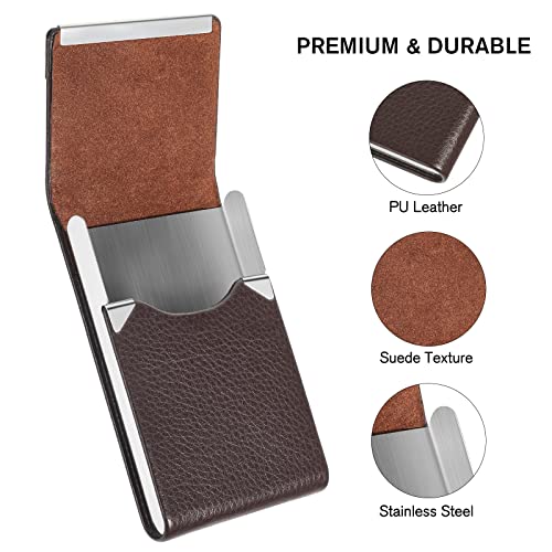 Image of ZIBUYU Business Card Holder Metal Visiting Card Case Classy Card Holder for Women & Men PU Leather Wallet Card Case with Metal Magnetic Clasp, 20 Cards (6x9.5cm) - Coffee Brown