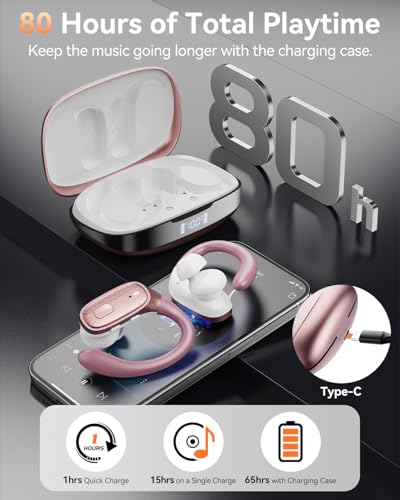 Image of LEEMC Wireless Earbuds, Bluetooth Headphones 5.4, 80Hr Playtime Ear Buds with Hooks for Sports, Noise Canceling, LED Display, IPX7 Waterproof Earphones for Workout Running, Rosegold
