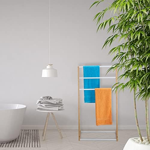 Relaxdays Freestanding Towel Holder, Compact 3 Levels for Drying, Bamboo & Iron, HxWxD: 98 x 62 x 30 cm, Natural/White, Bamboo 50% Iron