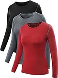 Neleus Women's 3 Pack Athletic Compression Long Sleeve Shirt,Black,Grey,Red,US XL,EU 2XL