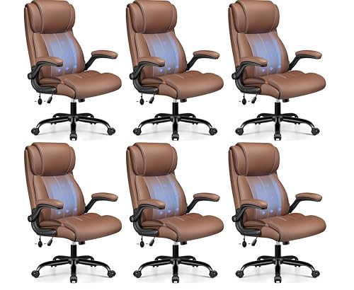 Image of BESTFAIR High Back Leather Office Chair with Air Lumbar, Flip Arms, Brown | Inflatable Lumbar Support, Flip-Up Armrests, Cushioned 21 inch Wide Seat, Scratch-Resistant PU Leather, Rocking Function, 6 Pack