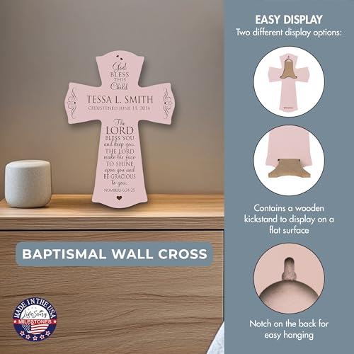 Image of LifeSong Milestones Personalized Baptism 1st Holy Communion Christening Wall Cross Decoration God Bless This Child the Lord Bless You and Keeps You (8.5 inch x 11 inch, Pink)