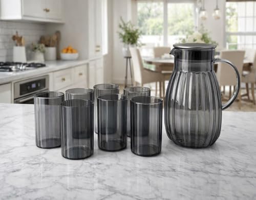 Image of Wringo Premium 7pc Crystal Water Jug with Glass Set and Jug Set Combo,Freezer Safe and Dishwasher Safe (6 Pieces Glasses 200ML and 1 Water Juice Jug 1.8 Liter), Transparent, Glass and Jug Set (WS-23)