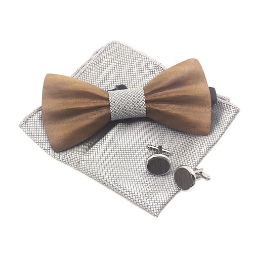 Cyriacus Pajarita de Madera Hombres Ajustable fácilmente Estilo Clásico Caja de Madera Gemelos Pañuelo y Pajarita para Bodas y Negocios