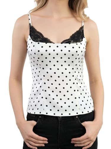 Lxootd Womens Polka Dots Lace Cami Top Y2K Sexy Satin V Neck Sleeveless Camisole Going Out Shirt 2026 (A-White M)