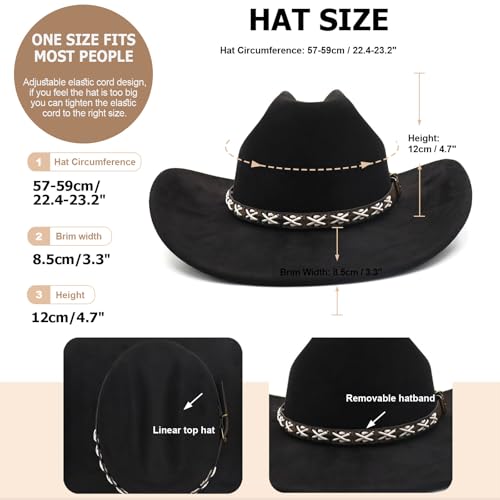 Image of Western Suede Cowboy Hat for Women Men Wide Brim Classic Cowboy Cowgirl Hat with Buckle Belt Felt Fedora Hat
