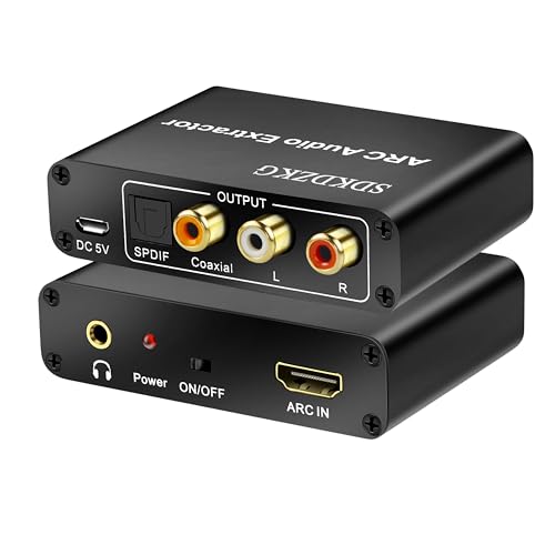SDKDZKG HDMI ARC Konwerter Audio, HDMI ARC Ekstraktor Adapter z Cyfrowy Optyczny Toslink SPDIF Koncentryczny oraz Analogowe RCA L/R 3,5 mm Stereo Konwerter Audio dla HDTV Wzmacniacz Soundbar Głośnik