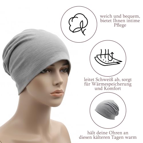 RQcMid 3 Stück Beanie Damen, Dünne Baumwollmützen, Atmungsaktive Chemo Kopfbedeckung Damen, Dünne Baumwolle Schlafmütze, Weiche Mütze Für Yoga, Schlaf Und Alltag, Schwarz, Grau, Pink