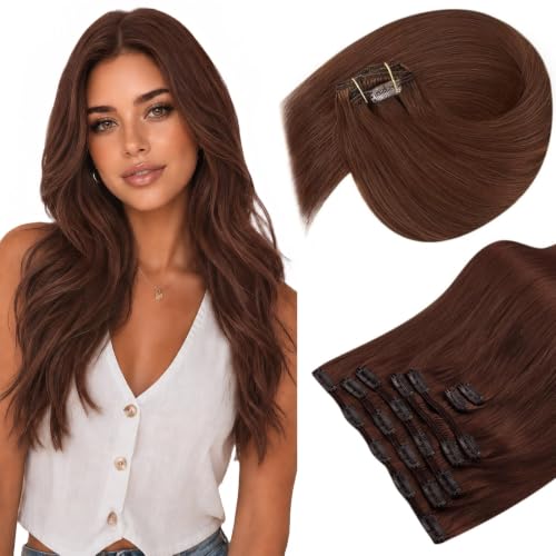 Image of Sunny Hair Clip in Hair Extensions Real Human Hair Dark Reddish Brown | 24 Inch Remy Hair Extensions Clip in Human Hair Auburn Mahogany Give Long Hair Transformation for Wedding Guest 120g