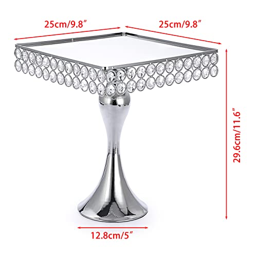 Bstkey 10" Square Wedding Metal Cake Display Stand With Mirror Top Plate, Silver Cupcake Stand With Crystal Beads Decor Pedestal, Dessert Stand For Parties Birthday Baking Party Supplies Centerpiece #TOP1