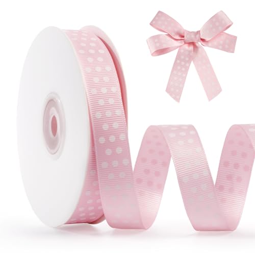 FAKILO Polka Dot Grosgrain Ribbon 5/8 Inch, 25 Yards Spool Pink and White Dot Craft Ribbon for Valentines Gift Wrapping DIY Crafts Hair Bows Wedding Party Decor Sewing and Home Decoration