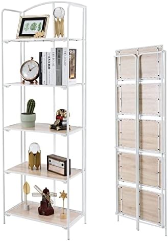 Crofy No Assembly Folding Bookshelf, 5 Tier White Bookshelf, Metal Book Shelf for Storage, Folding Bookcase for Office Organization and Storage, 12.87 D x 22.91 W x 69.29 H Inches