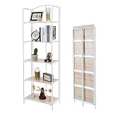 Crofy No Assembly Folding Bookshelf, 5 Tier White Bookshelf, Metal Book Shelf for Storage, Folding B