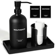 Mouthwash Dispenser for Bathroom, Glass Mouth Wash Pump Dispenser with Cup Holder, 17 Fl Oz Mouthwash Bottle Decanter with Tray, Refillable Mouthwash Dispenser Container Matte Black