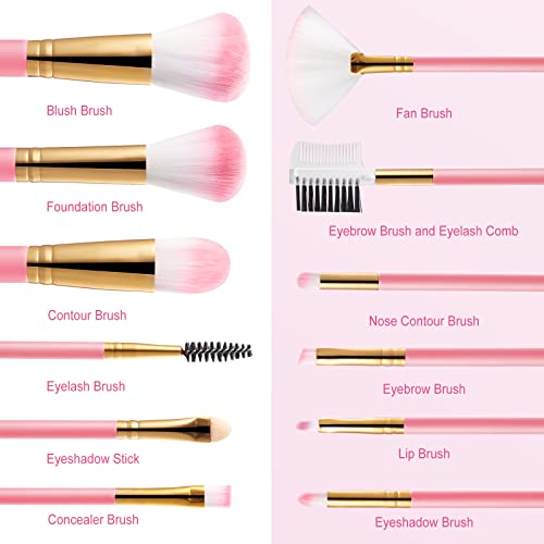 Makeup Brush Set 12 Pcs Premium Synthetic For Blush Foundation Powder Contour Eyeshadow Eyelash Concealer Blending Lip Cosmetic Makeup Brush With Bonus Storage Case Cruelty-Free Synthetic Fiber Bristles (Pink) #TOP2